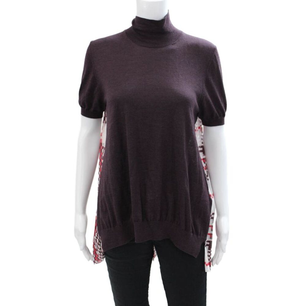 MRZ Womens Wool Geometric Panel High Neck Short Sleeve Blouse Purple Size L